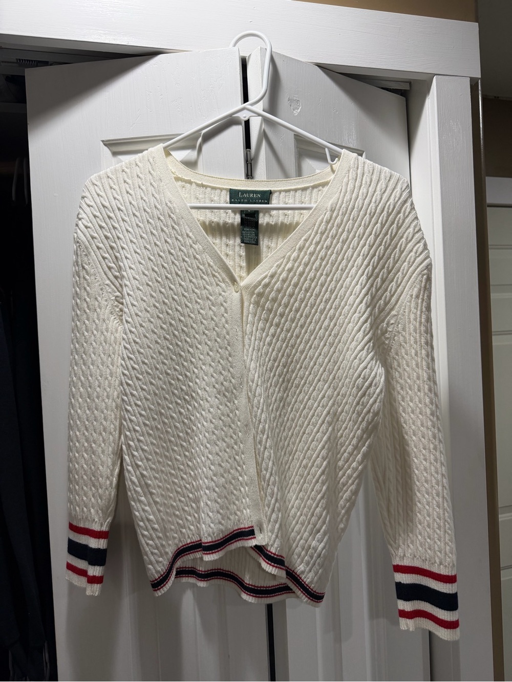 Lauren Ralph Lauren Cream Cable-Knit Cardigan with Navy and Red Trim